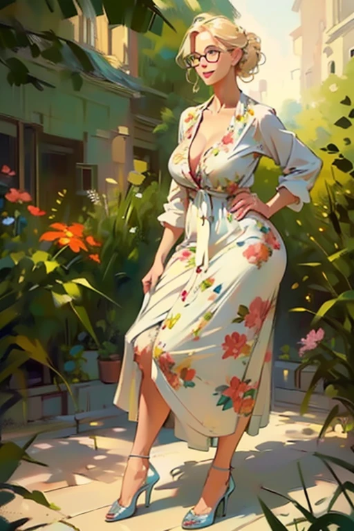 (full body:1.4),(realistic illustration). cute 27 yo blonde Caucasian woman with green eyes. Sexy (chubby:0.7) figure, natural breasts, beautiful ass. Smile. Eyeglasses, cardigan, floral print sundress, high heels, Masterpiece, (highly detailed:1.2),(detailed face and eyes:1.2), 8k wallpaper, Moody lighting. core shadows, high contrast, bokeh.