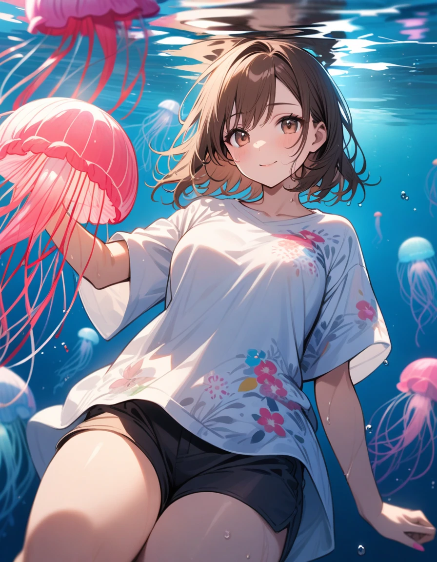 so beautiful, Beautiful Eyes, Highest quality, Super detailed, Intricate details, One girl ,Short brown hair, Brown eyes, Thick thighs, Wet oversize T-shirt, Shorts, Ocean, Swimming under water, jellyfish、good looking, alone, 1 female, Medium Hair, Brown Hair, Pink highlights on the tip, Pale pink eyes,Smile Facial,Tanabata,milky way,yukata