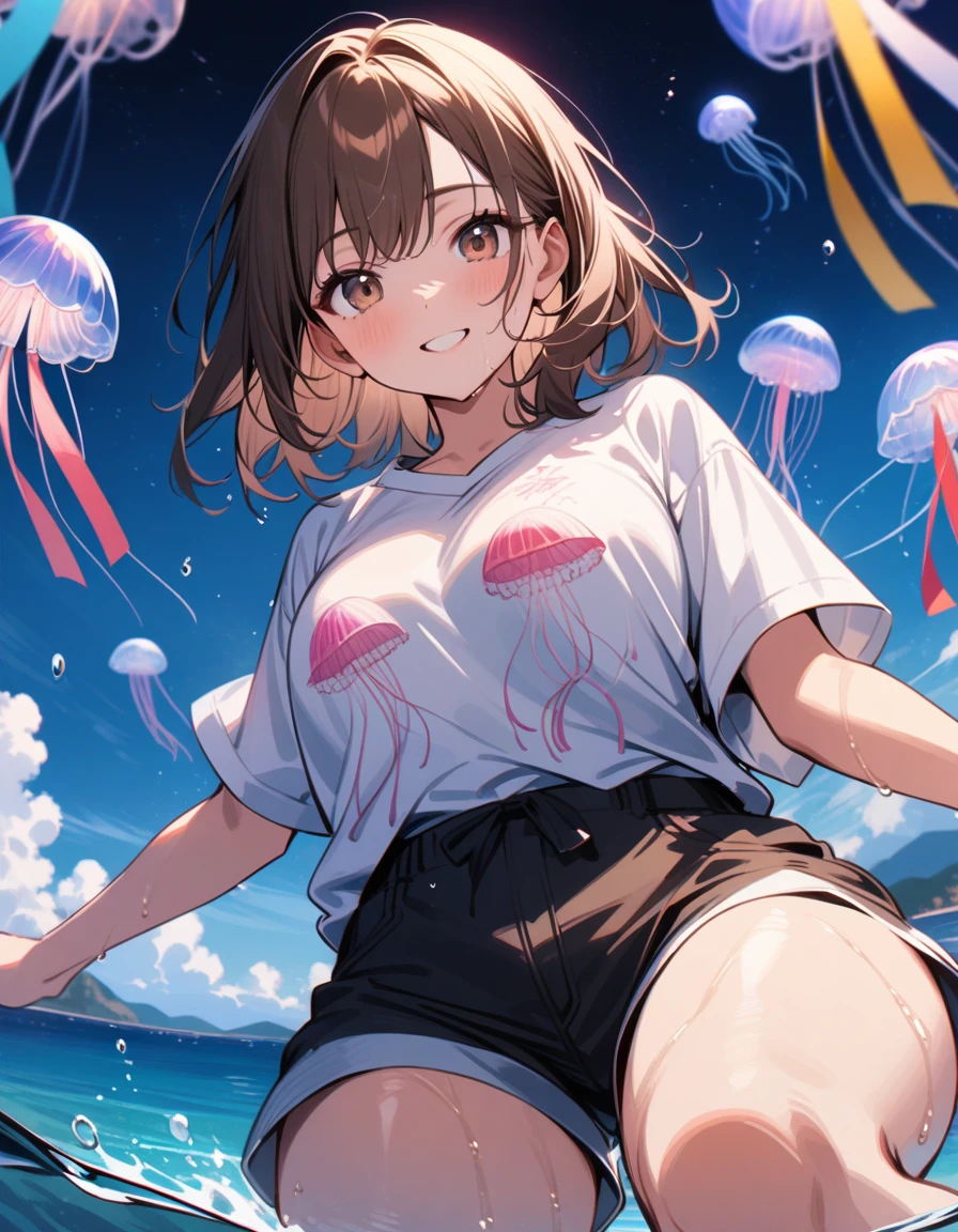 so beautiful, Beautiful Eyes, Highest quality, Super detailed, Intricate details, One girl ,Short brown hair, Brown eyes, Thick thighs, Wet oversize T-shirt, Shorts, Ocean, Swimming under water, jellyfish、good looking, alone, 1 female, Medium Hair, Brown Hair, Pink highlights on the tip, Pale pink eyes,Smile Facial,Tanabata,milky way,yukata