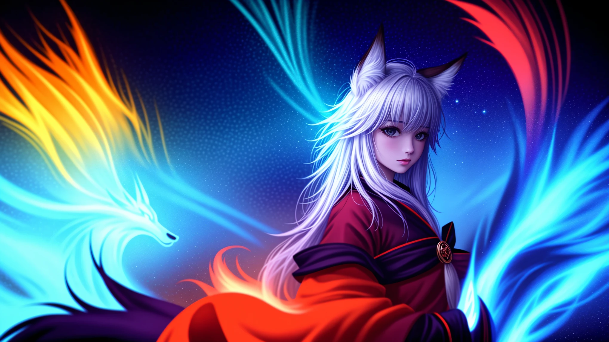 1girl,solo,, official art, unity 8k wallpaper, ultra detailed, beautiful and aesthetic, beautiful, masterpiece, best quality,, Kitsune witch, fox mask, haori jacket, foxfire spell, fox familiar, transformation,