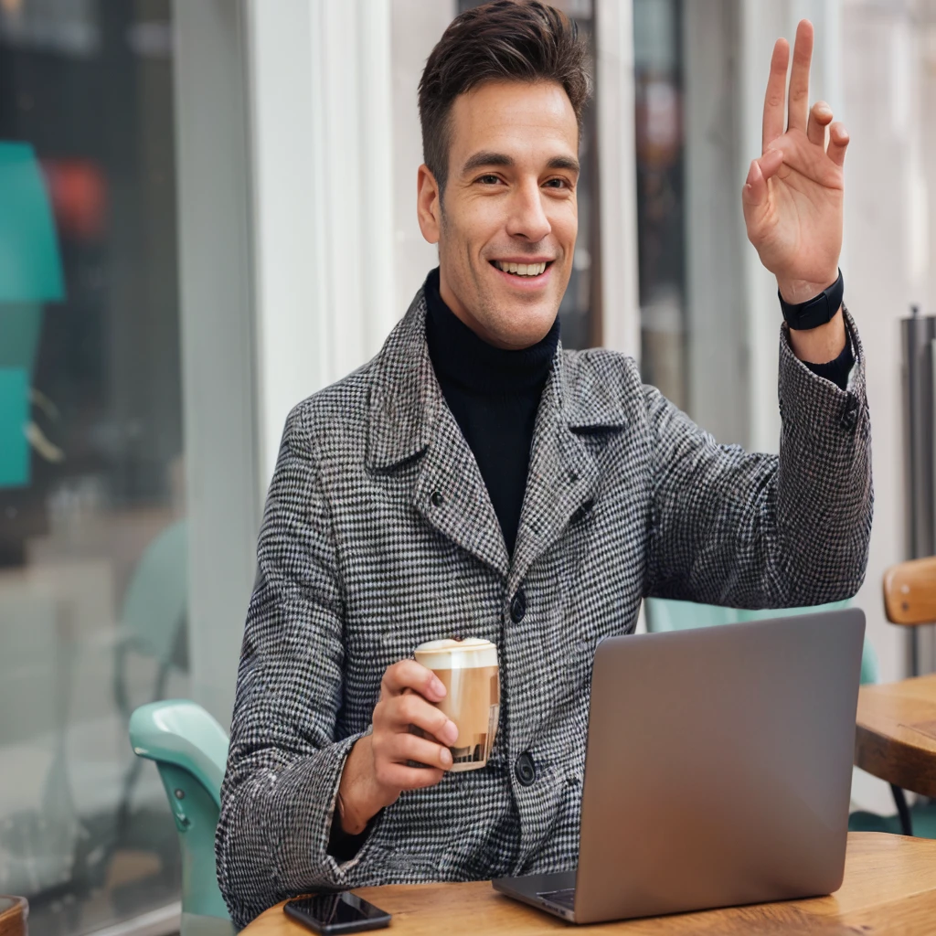 smiling man in a coat sitting at a table with a laptop and a cup of coffee, Attractive man drinking coffee, wear a turtleneck and jacket, enjoying coffee in a coffee shop, An inarticulate man with a raised hand, very professional, A young man of medium length, with a laptop on your lap, sitting in a cafe, drink coffee, professional art