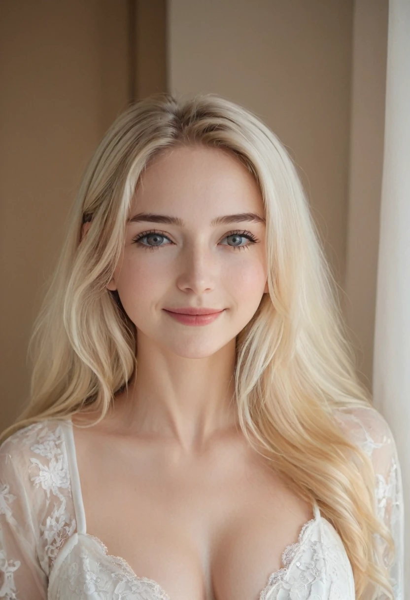（（European Caucasian Woman））、（（Maria, 18 years old））One person、Thin contours、Grey Eyes、Big Breasts、Narrow waist、White and translucent skin、Natural light blonde medium long hair、8-head-tall model style、Long dress、Waist-down angle、smile、Hotel Rooms