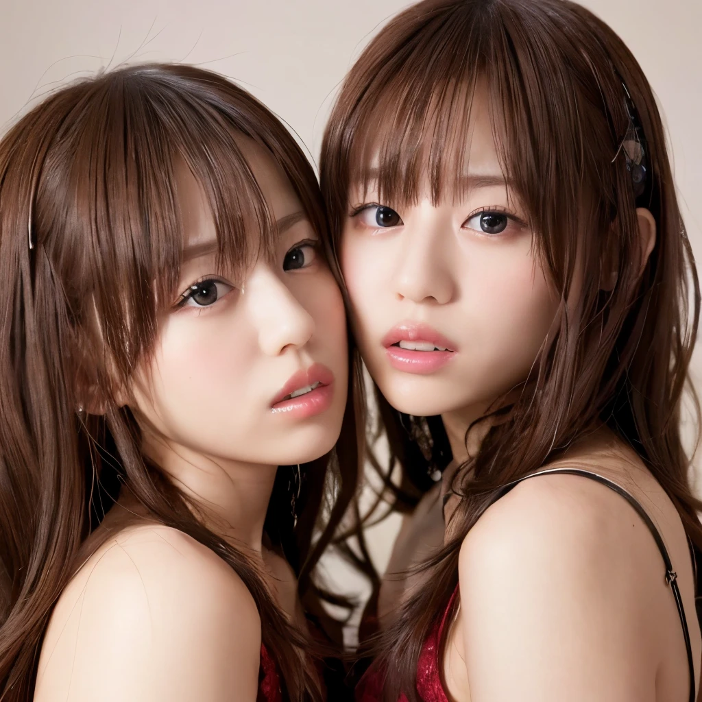 Identical twin sisters kissing、Highest quality, masterpiece, Ultra-high resolution, (Realistic: 1.4), RAW Photos, 1 Girl, Black Hair, Shiny skin, Beautiful Eyes, Dramatic lighting, Captivating performance, Long bangs, Cleanliness,