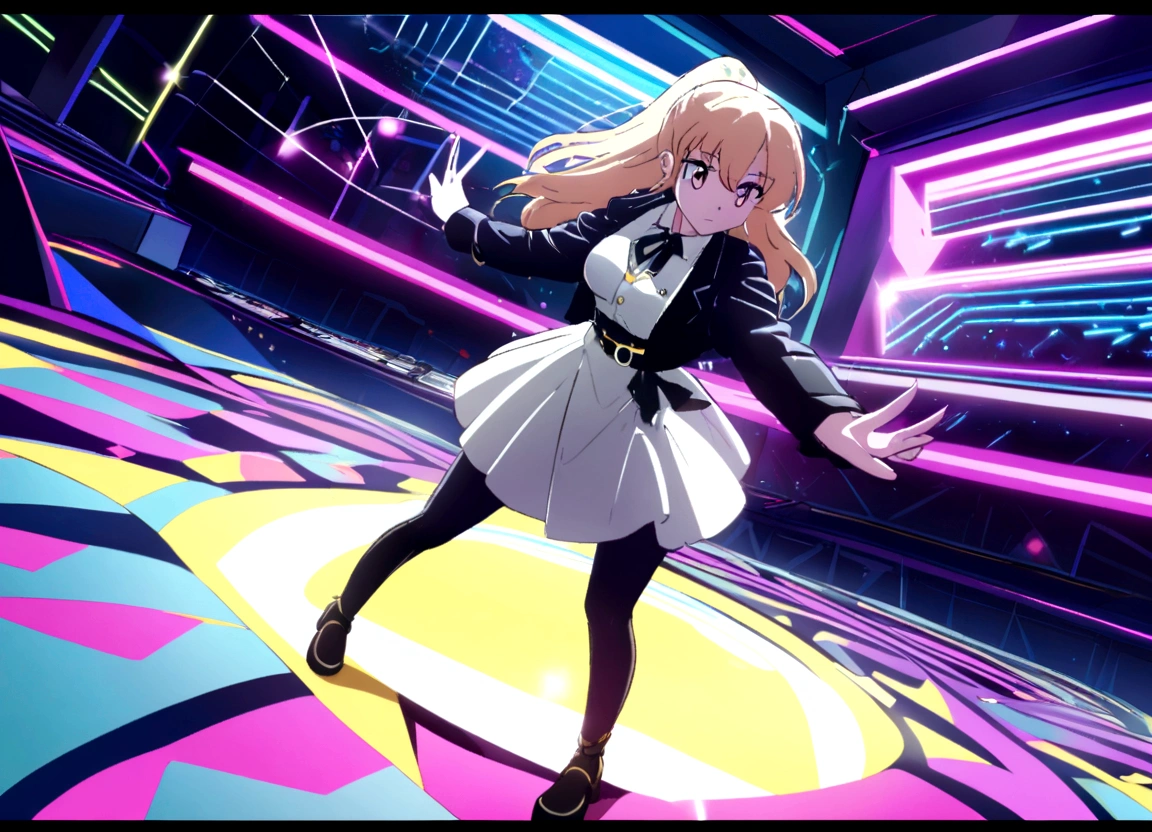 Light yellow hair,Double ponytail hairstyle,Pink eyes,Pink pupils,teens girl,idol clothe the singing suit,White silk knee socks,Background stage,Performance stage background