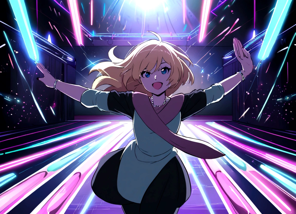 2d anime style, a woman in modern clothes dances in her room to the sound of electronic dance music