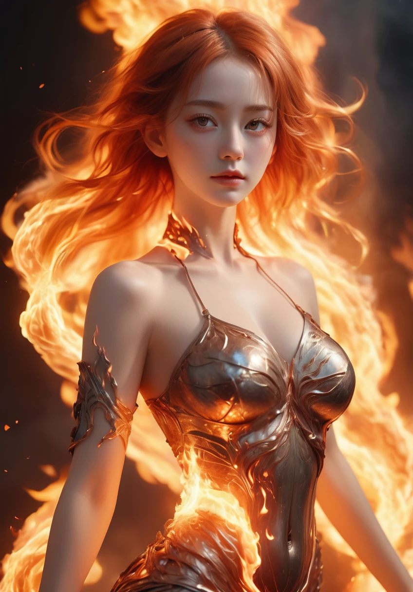 (photorealistic:1.5), (masterpiece, 8k raw photo, best quality:1.4),8k,Beautifully detailed delicate face, beautiful detailed delicate eyes, perfect facial proportions, high-detailed skin,Composed of fire elements,(1个Giant Breast Girl:1.2),on fire,transparency,firey,(Molten rock),Flame skin,Flame print,fiery hair,smokes,clouds,Chopping,,A girl wrapped in flames, ((whole body, including legs)),((Standing)),(open thighs),(open legs), the flames soar and emit sparks,Burning hands,Translucent luminescence,