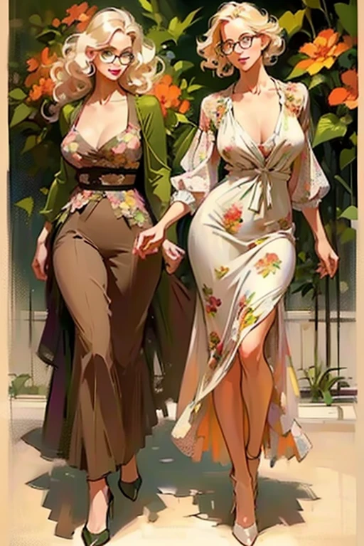 (full body:1.4),(realistic illustration). cute 27 yo blonde Caucasian woman with green eyes. Sexy (chubby:0.7) figure, natural breasts, beautiful ass. Smile. Eyeglasses, cardigan, floral print sundress, high heels, Masterpiece, (highly detailed:1.2),(detailed face and eyes:1.2), 8k wallpaper, Moody lighting. core shadows, high contrast, bokeh.