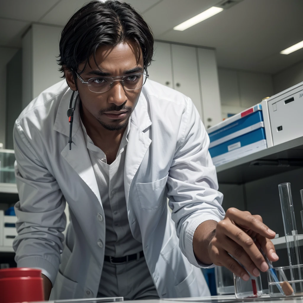 naughty man, dark-skinned, cientist, in a lab coat, In the lab 