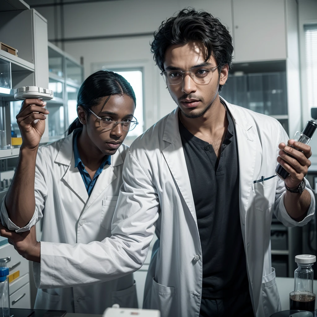 naughty man, dark-skinned, cientist, in a lab coat, In the lab 