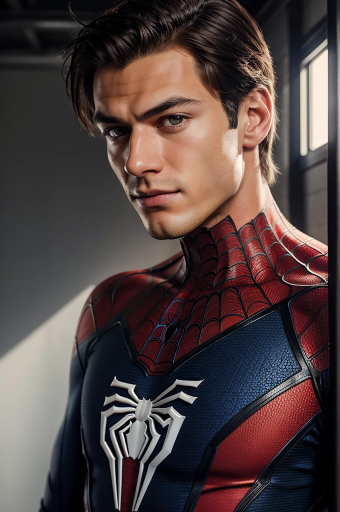 A photograph of spider man, no mask, 20 yo, handsome, detailed face, looking at camera, portrait, 8k uhd, high quality