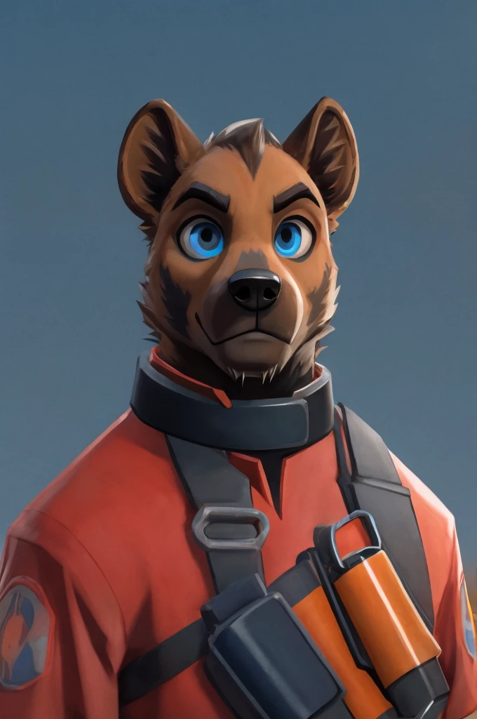 handsome, hyena, scruffy fringe, navy blue collar, blue eyes, good eyes, team fortress 2 style, dressed as pyro form team fortress 2