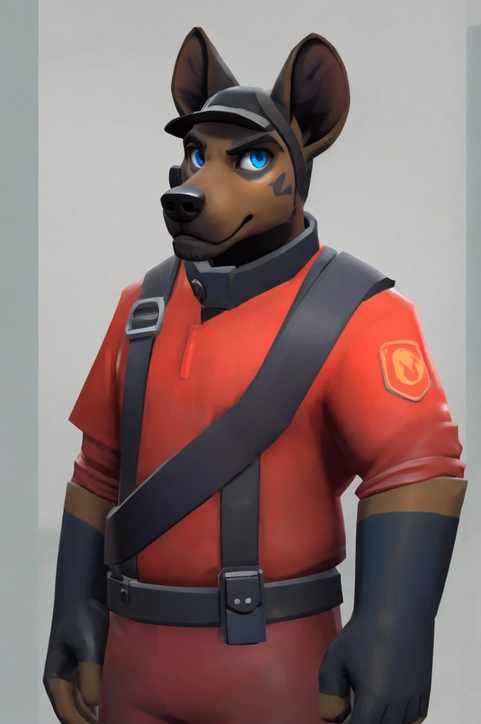 handsome, hyena, scruffy fringe, navy blue collar, blue eyes, good eyes, team fortress 2 style, dressed as pyro form team fortress 2