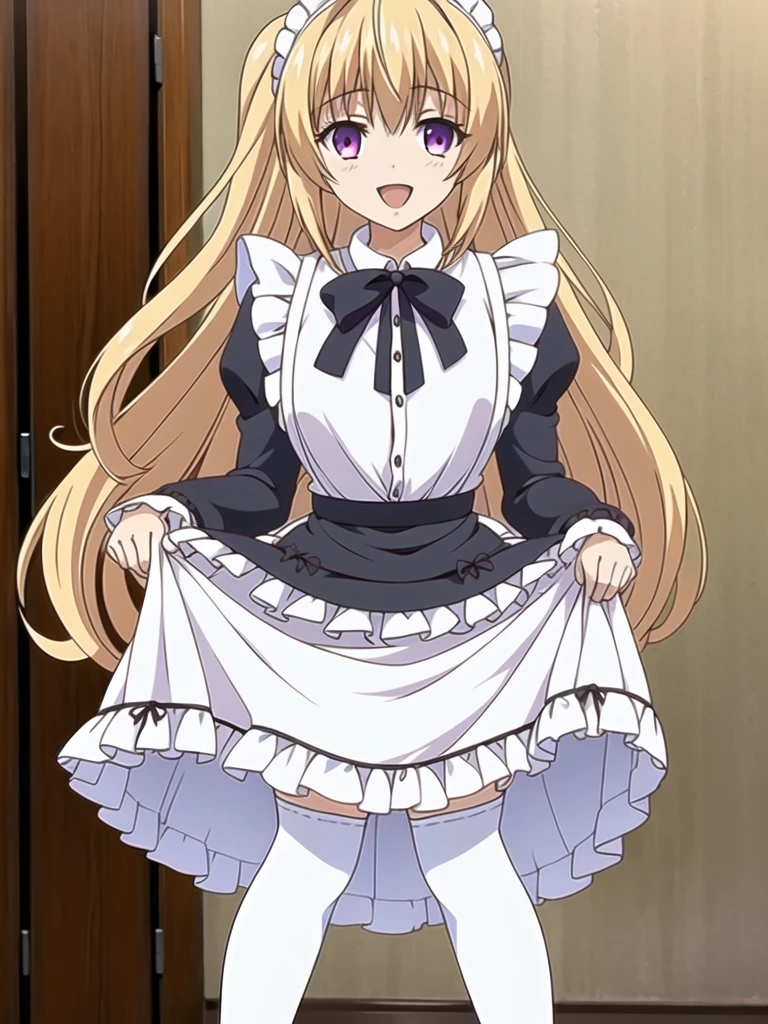 ((Best quality))), ((Ultra-detailed)), ((illustration)), ((Disheveled hair)), ((frilld)), (1 girl), (Solo), 1girl, lifted_by_self, looking_at_viewer, open_mouth, solo, rating:safe, apron, black_footwear, black_shoes, clothes_pull, clothing, :d, female, footwear, legwear, long_hair, maid, maid_apron, makaria, open-mouth_smile, puffy_sleeves, shoes, skirt, skirt_hold, skirt_lift, skirt_pull, maid_skirt, smile, standing, white_legwear, blonde hair,purple eyes,