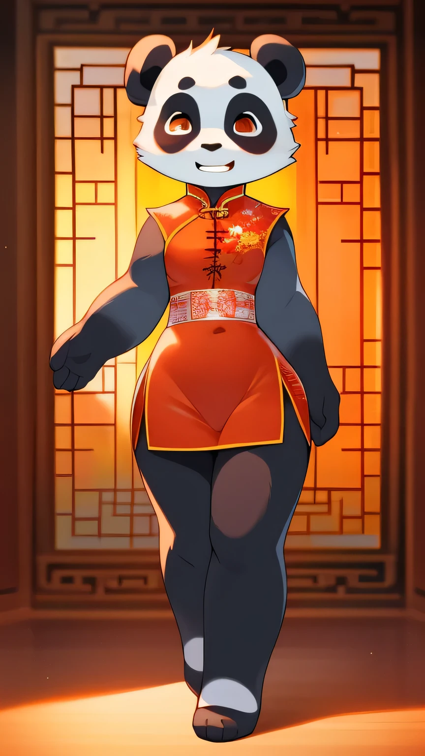Full body portrait，best quality, Ultra-detailed illustrations, Warm colors, Ideal lighting, Perfect details, ( Boy furry panda:1.4) , Female face and body, Thick and unkempt hair, Chinese traditional clothing, Shy laugh, Sissy, Small waist, Wide hips, Slim, Perfect body, style &References;No need&References;