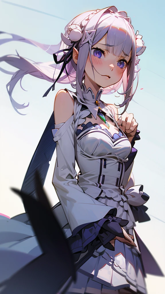  upper body,Charprakta, 1 girl,Alone, medium breasts,  light purple hair ,Long Pigtails,ear covers,( white leotards , high leg,frills),white kneehighs,masterpiece, noise reduction ,perfect anatomy, high definition ,  super detailed,Game CG, Dutch angle , beautiful detailed eyes, visual art , five fingers ,   perfect hand,  perfect lighting,