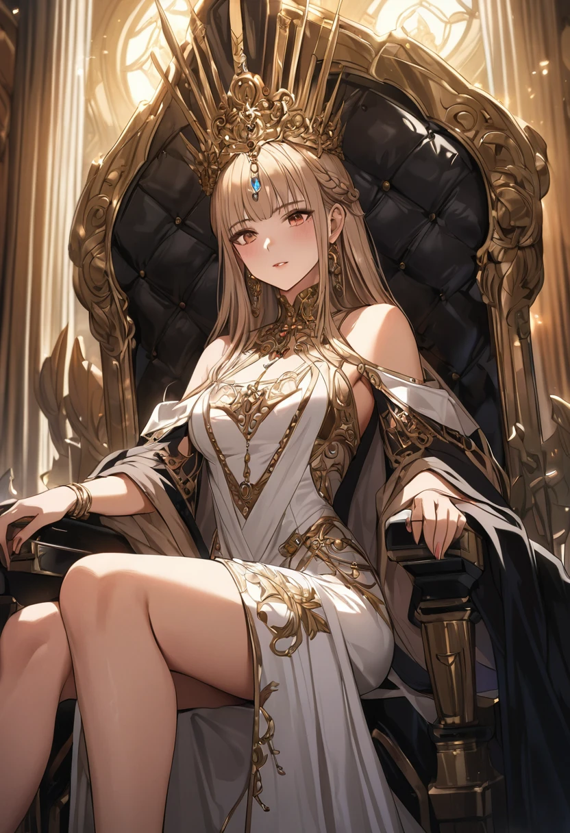 A magnificent Queen sitting on the throne, European, detailed face, intricate dress, ornate throne, luxurious interior, dramatic lighting, cinematic angle, photorealistic, 8k, high resolution, hyper detailed, masterpiece,refiner: woman face