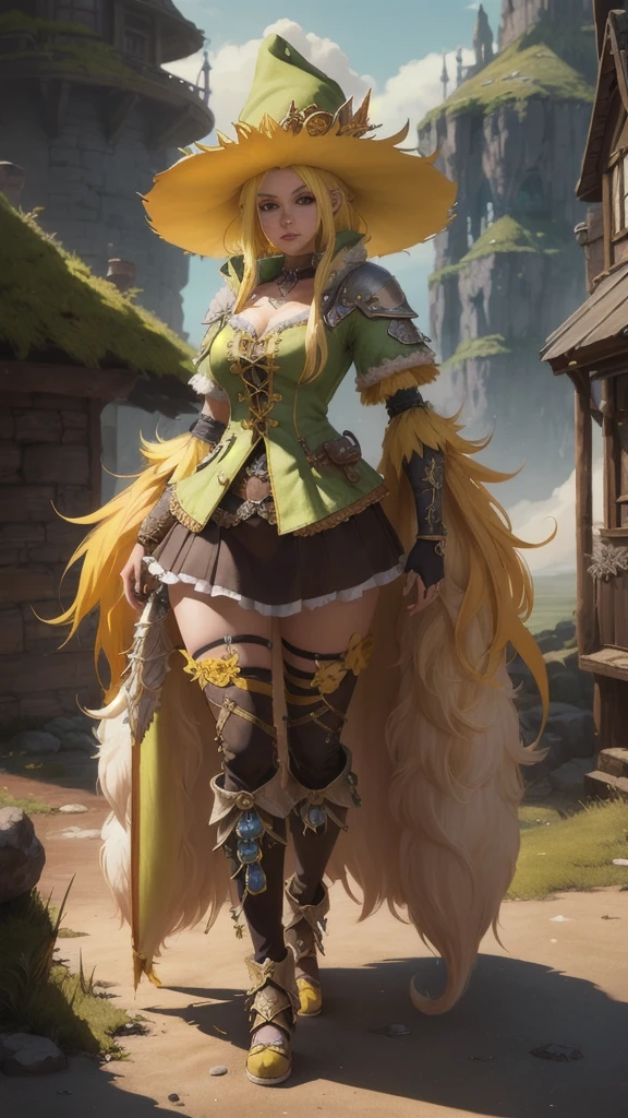 Young woman with yellow hair in fluffy outfit and fluffy hat, Fantasy character art, Awesome character art, Epic fantasy character art, HD fantasy art, Epic exquisite character art, Realistic fantasy artwork, Fantasy woman, Epic fantasy art style HD, Fantasy character, Digital fantasy art), Fantasy style art, Detailed fantasy art, High quality Fantasy Art, Fantasy Outfit, Digital 2D Fantasy Art
