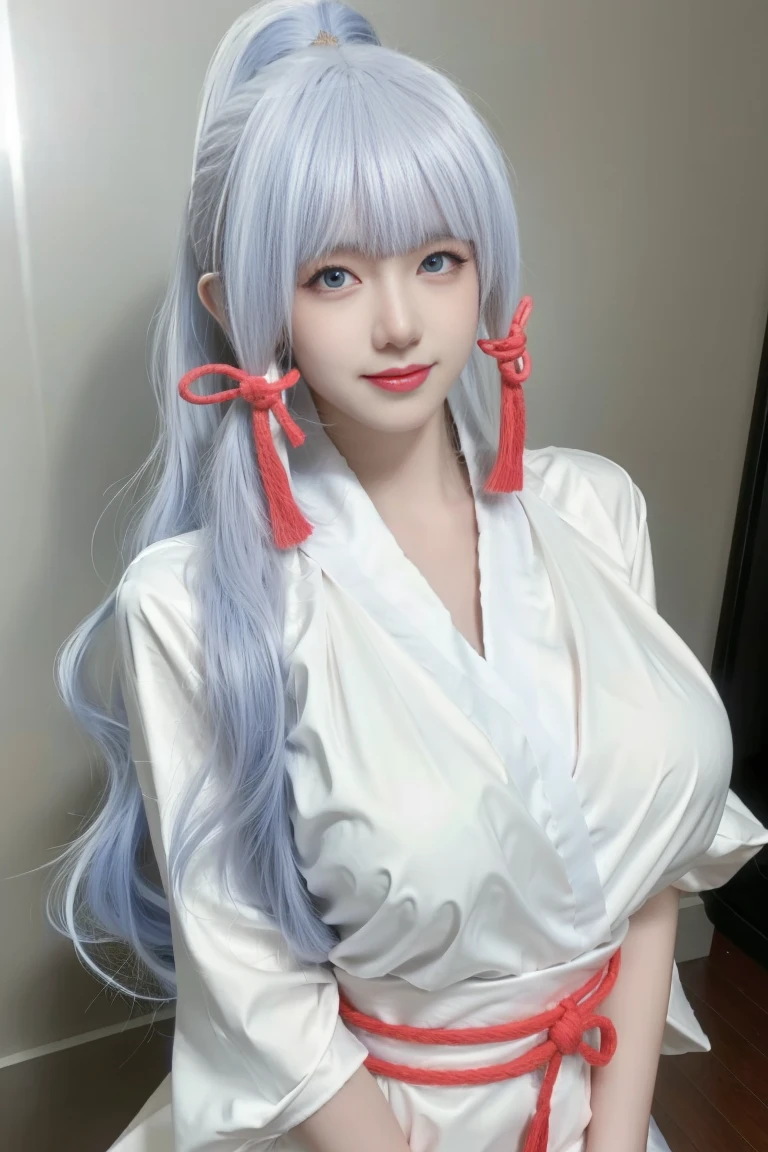 best quality, tmasterpiece,Ultra-high resolution,Clear face,(Reality:1.4),ferpect lighting,(upper body photo), (photorealistic:1.50), anime wallpaper, Guviz style artwork, cover-up fantasy up to magic , by Yang J, Guviz, beautiful artwork illustration, beautiful digital artwork, beautiful digital illustration, Li Song, beautiful anime portrait, art style in Beauvot, 1girl, 独奏, long hair, white hair, Ponytail hair, kimono, standing, looking at viwer, indoor, (super Giant breast:1.5), Sagging breasts, pose sexy, smile,