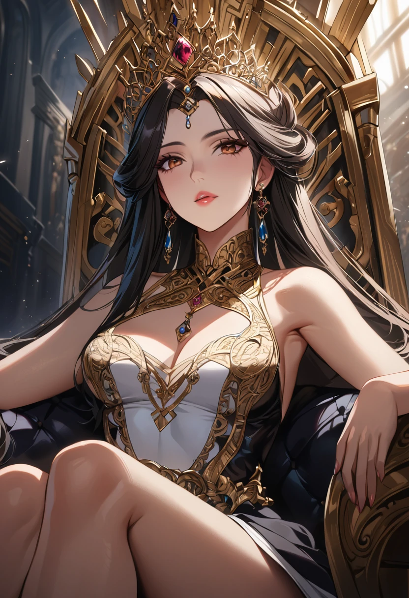 A magnificent Queen sitting on the throne, European, detailed face, intricate dress, ornate throne, luxurious interior, dramatic lighting, cinematic angle, photorealistic, 8k, high resolution, hyper detailed, masterpiece,refiner: woman face