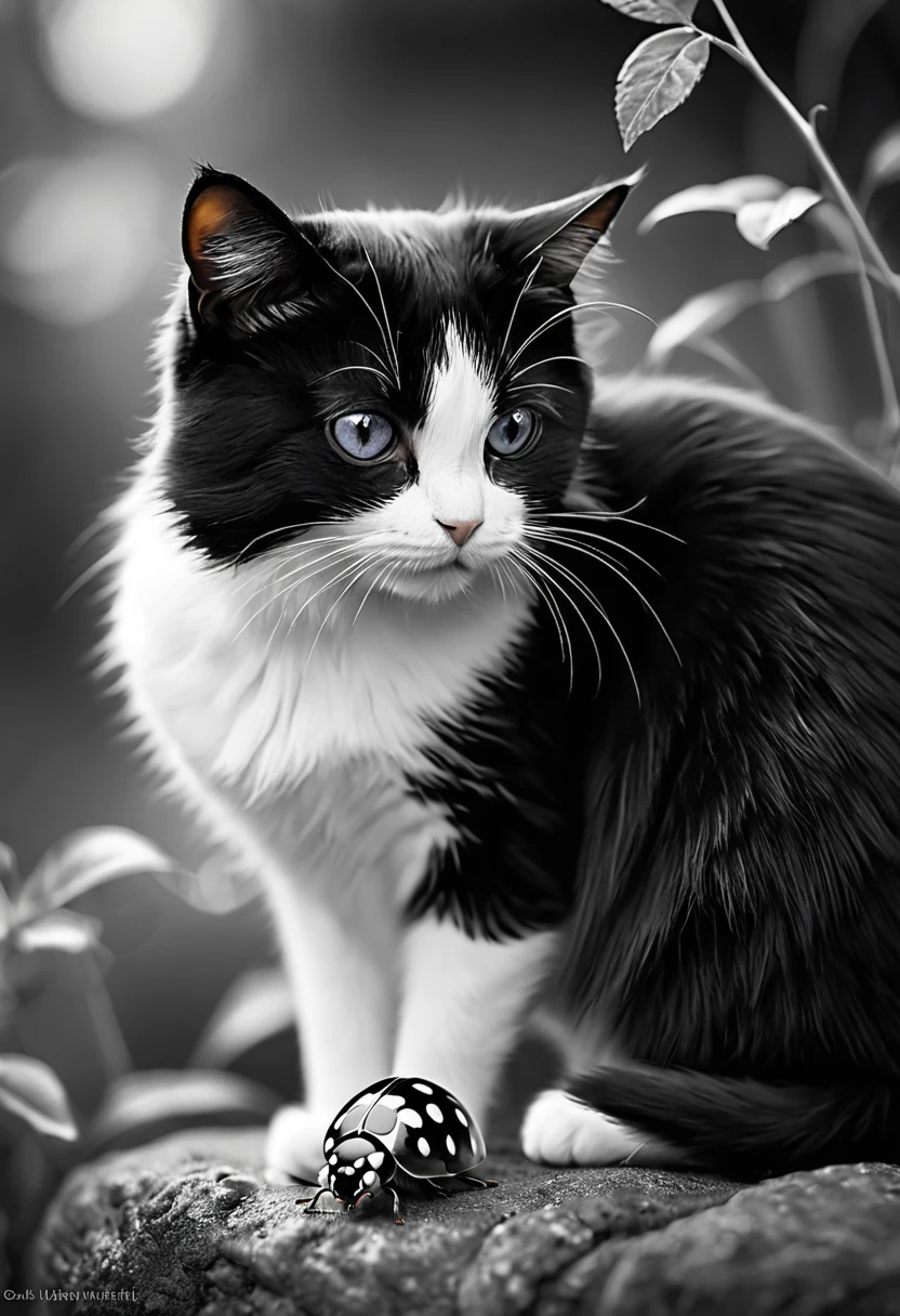 (((Masterpiece))) hyper realism, magnificent, black and white photography, beautiful, endearing. Create an ultra-detailed, high-resolution black and white image, capturing a close-up interaction between a small black and white ladybug and a black and white cat. The black and white ladybug, with its shiny, dotted exoskeleton, stands on the cat's soft, prominent paw, near the cat's nose. The cat's facial features should be delicately detailed, showing fine whiskers protruding from its cheeks and a serene expression in its eyes. . The light should subtly highlight the contours of the cat's face, the texture of its fluffy fur and the shiny shell of the ladybug. The background should be blurred to emphasize the sharpness of the subjects, with an almost ethereal softness surrounding the scene to create a sense of tranquility and intimacy. Extraordinary, exquisite detail, softness, intimacy, love, whimsical, ultra detailed. Award-winning black and white photography. Close.