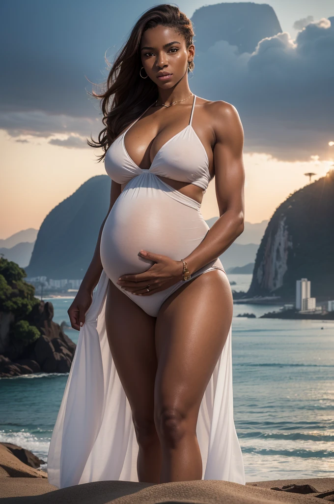 Super high resolution, best qualityer, photoshot, 16K, (photoshotrealistic: 1.2), cinematic lighting. A muscular African of black supremacy with a serious face, he is surrounded by the most beautiful European women and they are all white and Caucasian, make them blonde, redheads and light brunettes, they are pregnant. Place the background of Rio de Janeiro with the beach and Christ the Redeemer in the background. Get the image in 4k.
