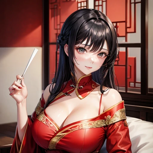 Mature Woman Wearing a red Chinese dress、肉まんを作っているMature Woman Large Breasts Black Hair