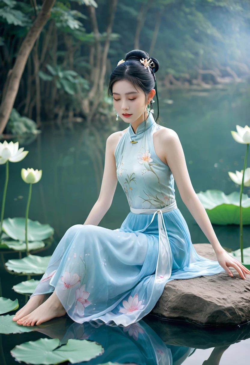 There is a blue skirt, 16 Long Legs, A woman sitting on a rock in the water, Standing gracefully on the lotus, Ethereal Beauty, Wearing blue cheongsam, court, Girl wearing Hanfu, Wearing blue cheongsam, Full of fairy atmosphere, In the pond, White Hanfu, A stunning young ethereal figure, floating dress, Light Blue, hair behind ear