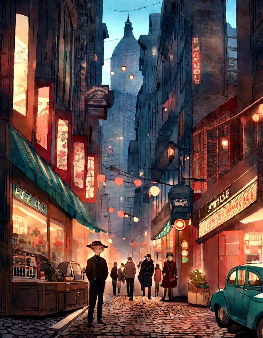 panoramic,Front display,Shooting angle,Frontal composition,Old Cars, Busy pedestrians, Lively atmosphere, Tall buildings, City skyline, Urban decay, Graffiti, Cobblestone Street, Retro店面, Smoggy streets, Neon, Street vendors, Metro entrance, Steam coming out of the manhole cover, display, Jazz music, IconicLandmarks, art deco buildings, Retro时尚, Retro, Bustling cafe, Street Performers, heavy traffic, brick buildings, Fire exits, Old-fashioned lampposts, Retro自行车, stylish hat, newsstand, Bustling market, car, Rusty Metal, Cityscape at dusk, Shadows and Highlights, Brick Wall, Cast iron door, Old telephone booth, aged texture, typewriter, Vinyl Records, Wooden bench, Street Lights, Fashion boutiques, nostalgic vibes,Lots of colorful cards ,Green Phone Booth