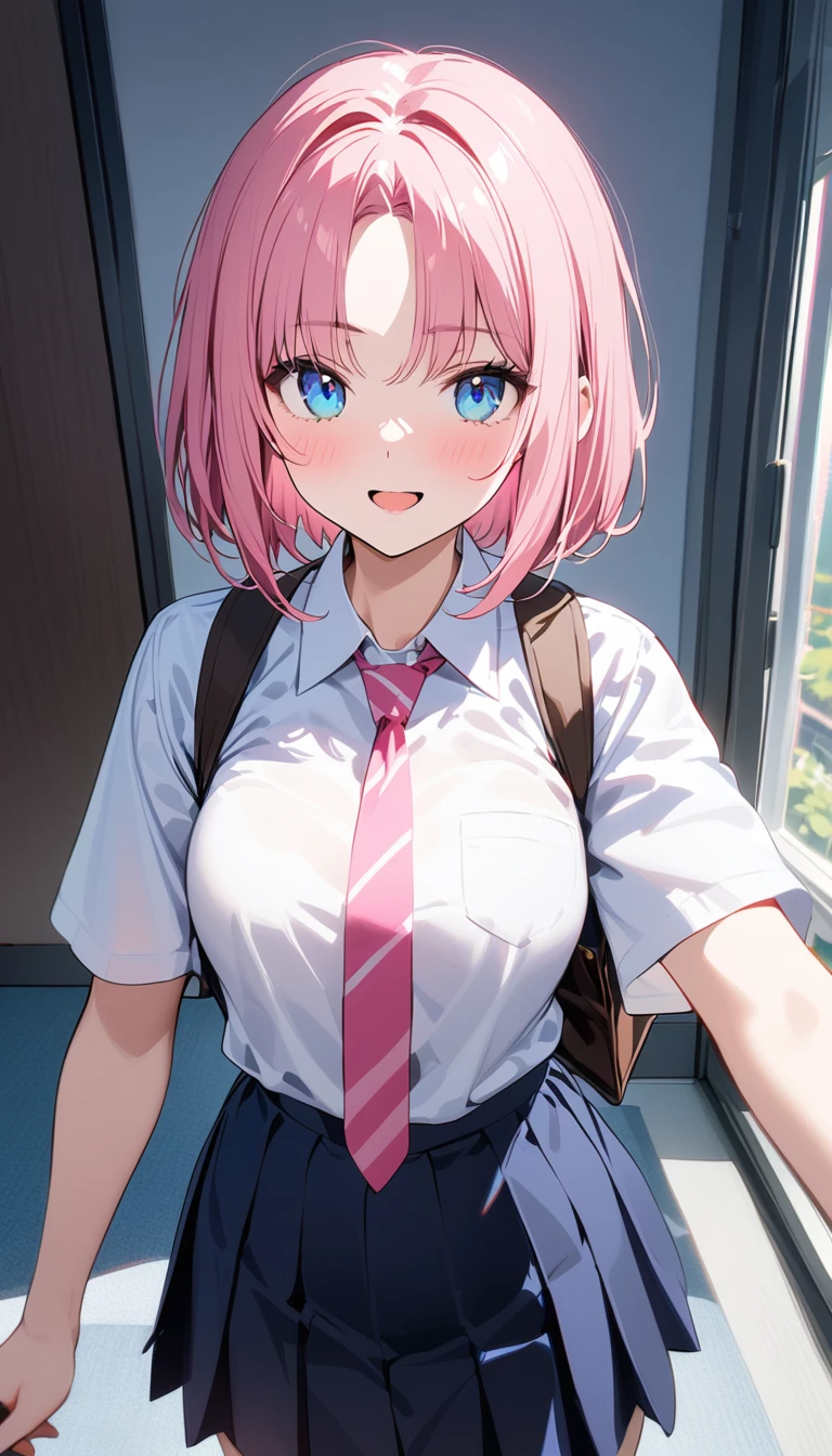 (1 girl),(Best Picture Quality, 8K, Masterpiece:1.3), (high school student:1.5), (pink lob hair), (bob cut), ((parted bangs)), (slant skyblue eyes), ((school uniform, white short simple sleeve shirt, darkblue skirt, pink tie)), (super clear:1.5), (glistening skin:1.1),(pale skin:1.1),