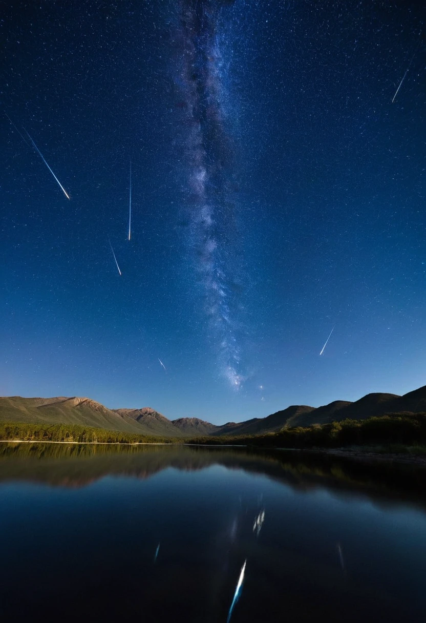 Expansive Sky: Showcase the vastness of the night sky, allowing the stars and shooting stars to occupy a significant portion of the composition., Dynamic Shooting Stars: Capture the movement and energy of the shooting stars as they streak across the sky, creating a sense of motion and wonder., Serene Landscape: Consider adding a tranquil landscape, such as distant mountains or a calm body of water, to enhance the sense of peace and serenity.  