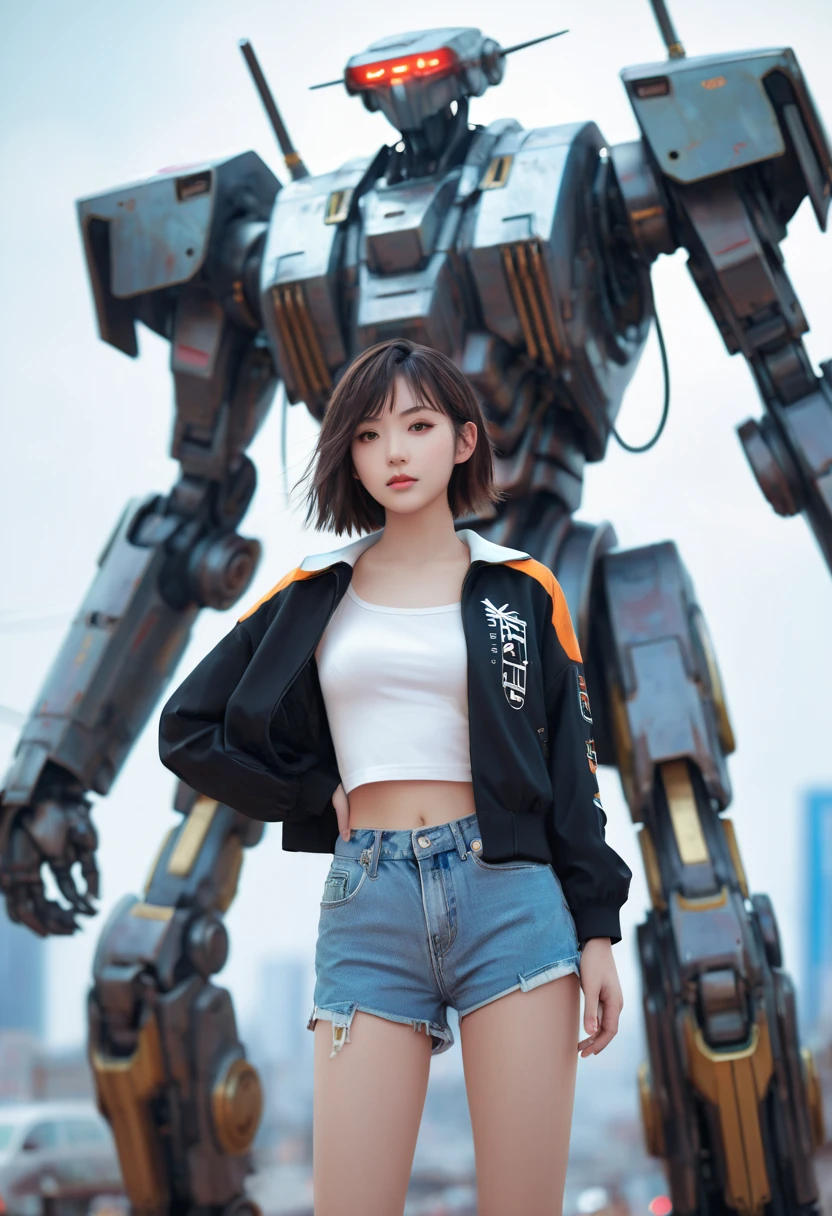 anime girl in short shorts and jacket standing next to giant robot, artwork in the style of guweiz, cyberpunk anime girl mech, trending on cgstation, guweiz, by Russell Dongjun Lu, digital cyberpunk anime art, ross tran 8 k, guweiz on artstation pixiv, girl in mecha cyber armor