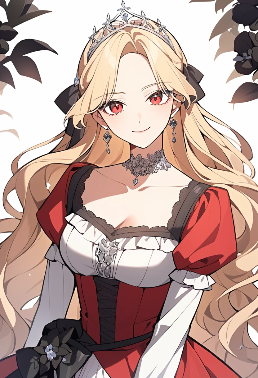 ((fantasy-style)), masterpiece, newest, floral background, romance manhwa, 1girl, blonde hair, solo, long hair, flower, dress, tiara, white dress, gloves, long sleeves, choker, red eyes, white gloves, black bow, black flower, wavy hair, bow, jewelry, looking at viewer, white background, collarbone, puffy sleeves, silver accessories, upper body, parted bangs, very long hair, red dress, frills, bangs, closed mouth, smile, cowboy shot, dynamic pose, dynamic angle, dynamic cut