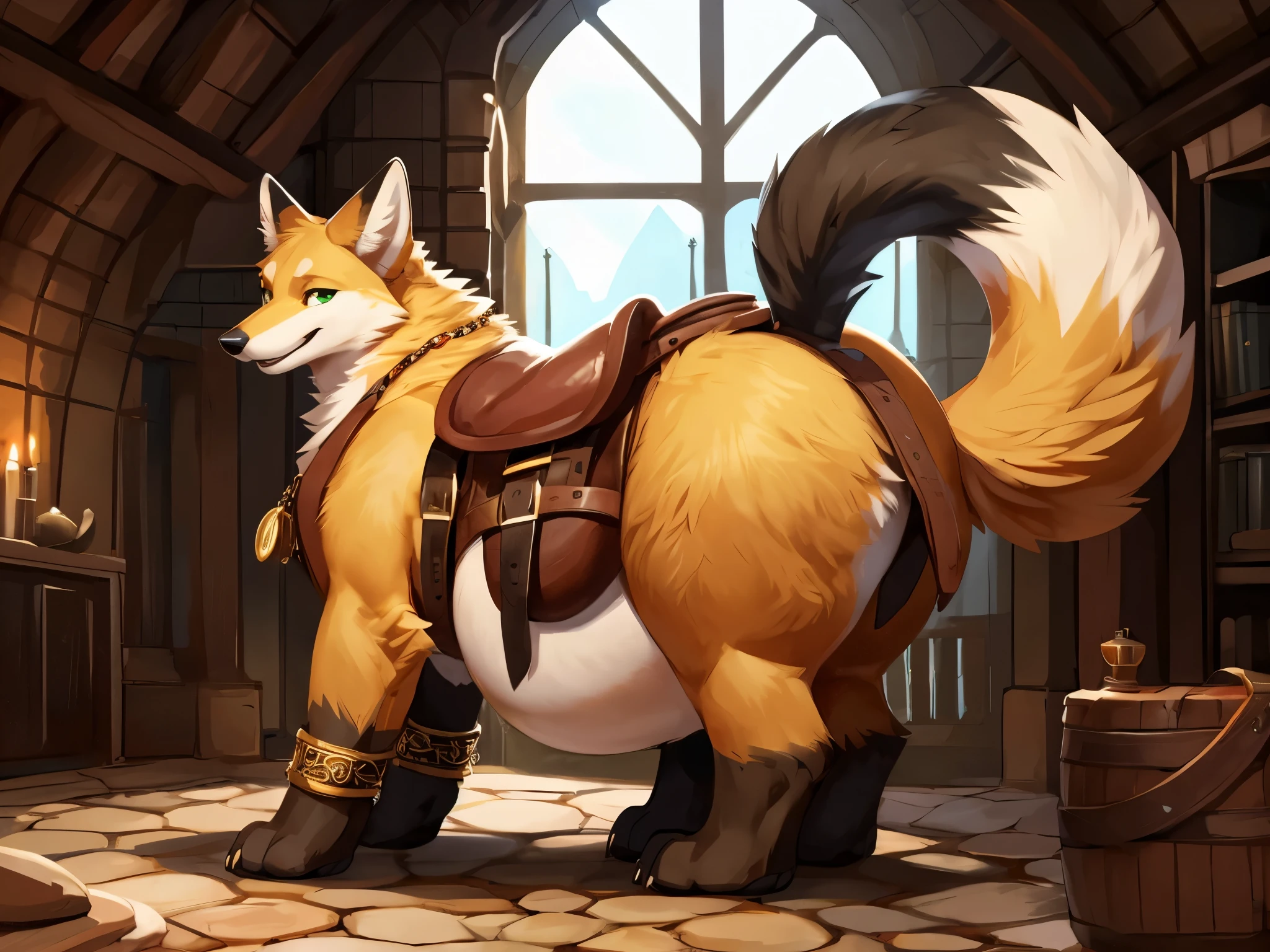 4k ultra quality, 4k full body view,ultra high detailed body,singo person,feral fox, detailed body, white belly fur, ((round feral belly)), enormous belly, enormous body,by mystikfox61, by glitter trap boy, by bebebebebe,by morethreedee, by seibear,(thick thigh),(chubby thigh),thicc thigh,thick legs,chubby legs,thicc legs,massive butt,enomorous thigh,massive thigh,massive legs,(detailed thigh),(wide thigh),thick butt,fluffy belly,furry belly,sharp nails,((sfw)),(ultra detailed face),ultra detailed eyes,cute face,green eyes,(golden fur),mouth open,big tail,fluffy tail,(detailed tail),enomorous tail,bigger tail,huge tail,bloated feral belly,enomorous thigh,fluffy paws,detailed paws,thick paws,chubby paws,huge paws,big paws,(black paws),bare paws,ornate belts,ornate necklace,golden bracelet,leather belts,multiple belts, saddle bags,ornate saddle,saddle packs,big packs,in dark dungeon,mediaeval style