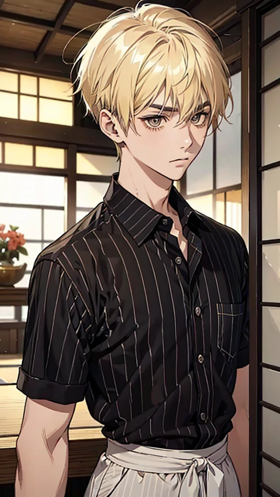 Man, Japanese, 20 years old, short hair, blonde hair, dark eyes, black eyebrows, thin eyebrows, indoors, yellow and black striped shirt, casual clothing, facing forward, hands down, upper body