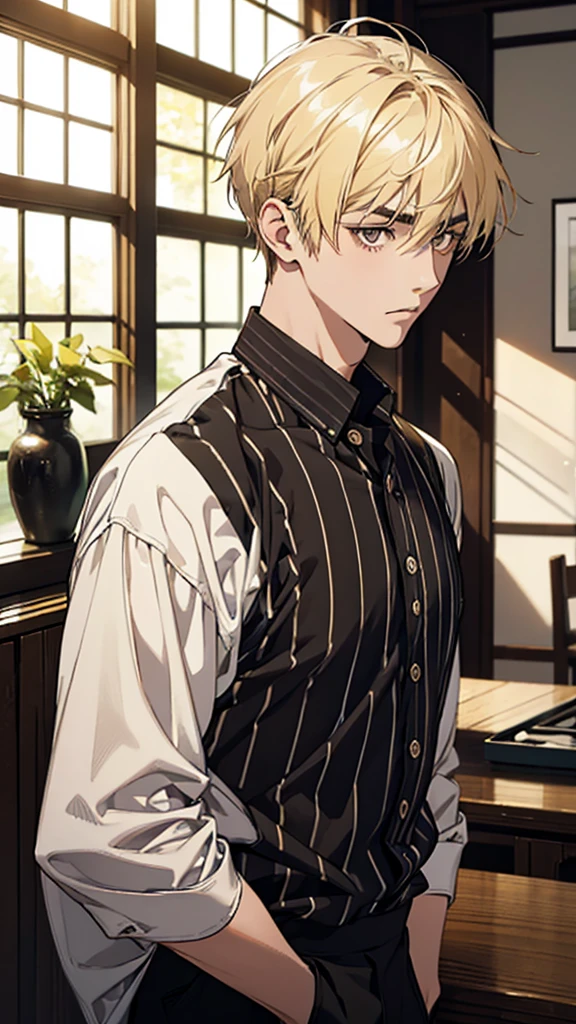 Man, Japanese, 20 years old, short hair, blonde hair, dark eyes, black eyebrows, thin eyebrows, indoors, yellow and black striped shirt, casual clothing, facing forward, hands down, upper body