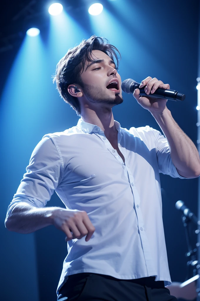 an ultra realistic image of a MAN singing in a concert with a blue environment