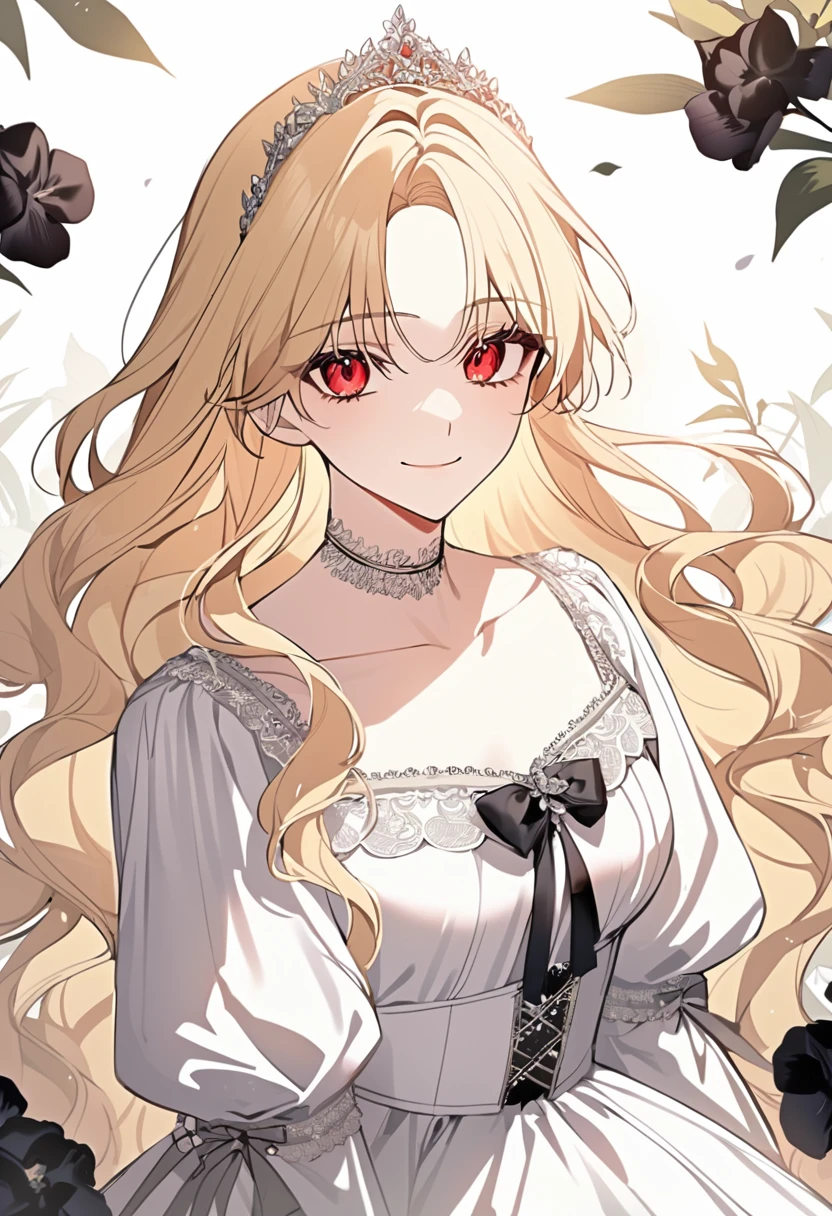 ((shoujo-style)), masterpiece, newest, floral background, romance manhwa, 1girl, blonde hair, solo, long hair, flower, dress, tiara, white dress, gloves, long sleeves, choker, red eyes, white gloves, black bow, black flower, wavy hair, bow, jewelry, looking at viewer, white background, collarbone, puffy sleeves, silver accessories, upper body, parted bangs, very long hair, red dress, frills, bangs, closed mouth, smile, cowboy shot, dynamic pose, dynamic angle, dynamic cut