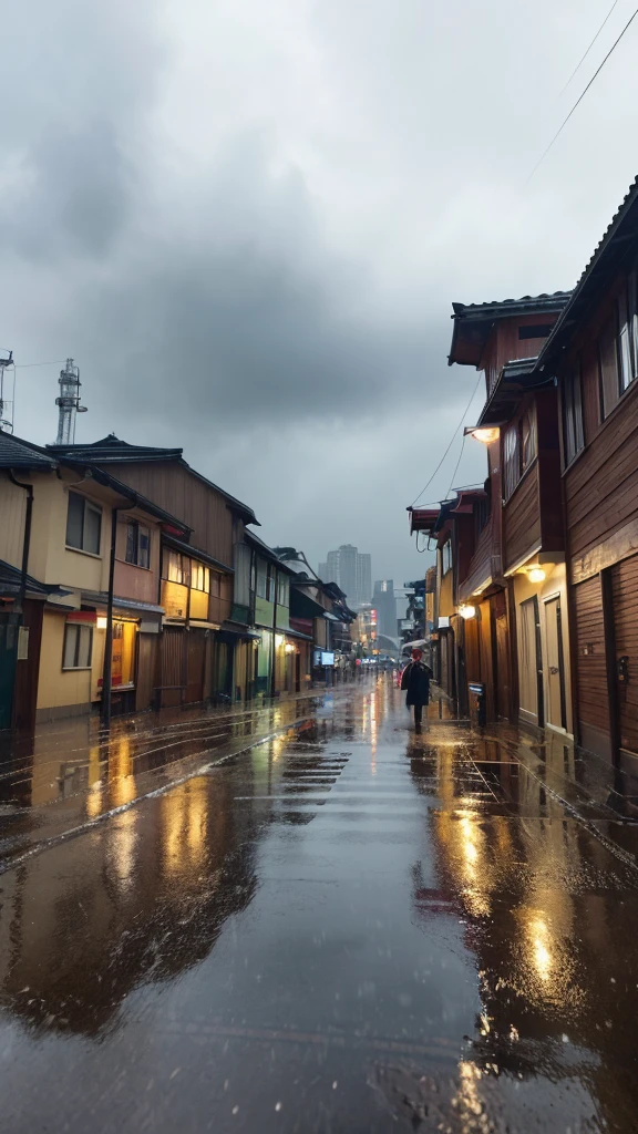 Scene in the rain。The background is a cloudy sky、The raindrops are clearly visible。The ground is wet、There are a few puddles。wood々The buildings are also wet from the rain.。people々is walking with an umbrella。Overall a calm atmosphere。
