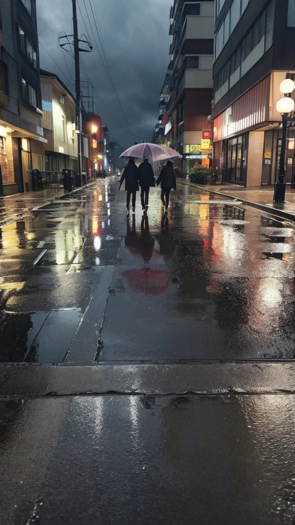 Scene in the rain。The background is a cloudy sky、The raindrops are clearly visible。The ground is wet、There are a few puddles。wood々The buildings are also wet from the rain.。people々is walking with an umbrella。Overall a calm atmosphere。