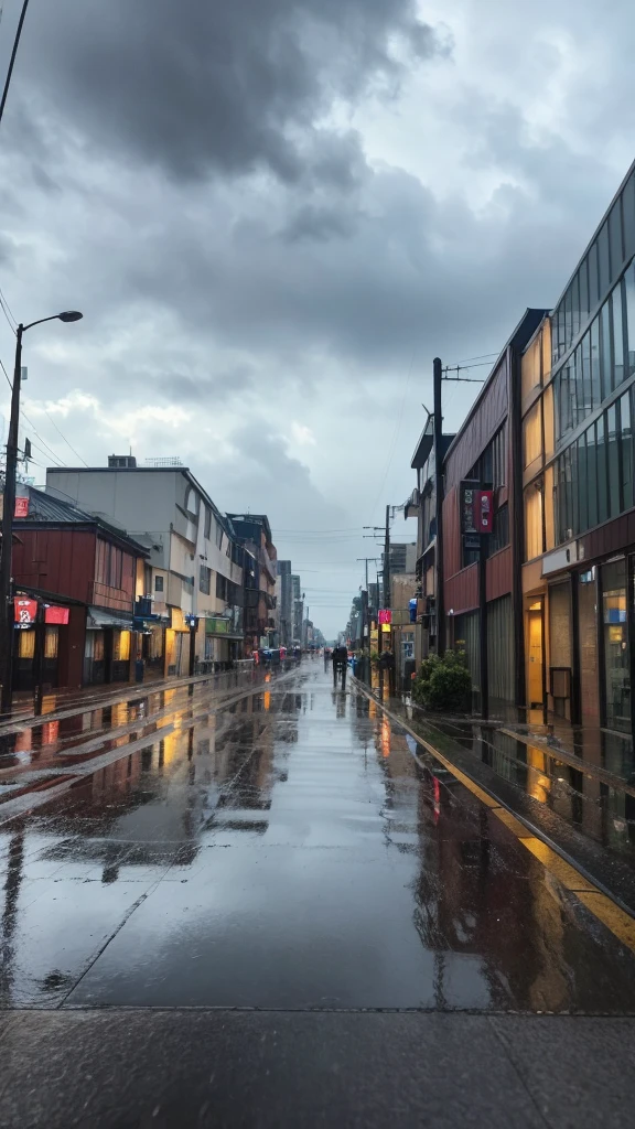 Scene in the rain。The background is a cloudy sky、The raindrops are clearly visible。The ground is wet、There are a few puddles。wood々The buildings are also wet from the rain.。people々is walking with an umbrella。Overall a calm atmosphere。