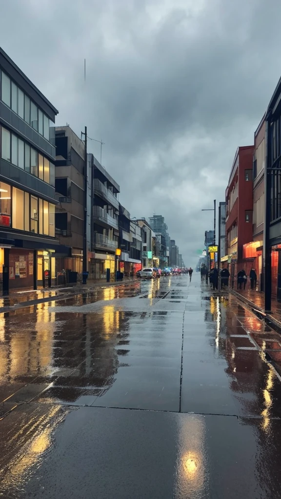 Scene in the rain。The background is a cloudy sky、The raindrops are clearly visible。The ground is wet、There are a few puddles。wood々The buildings are also wet from the rain.。people々is walking with an umbrella。Overall a calm atmosphere。