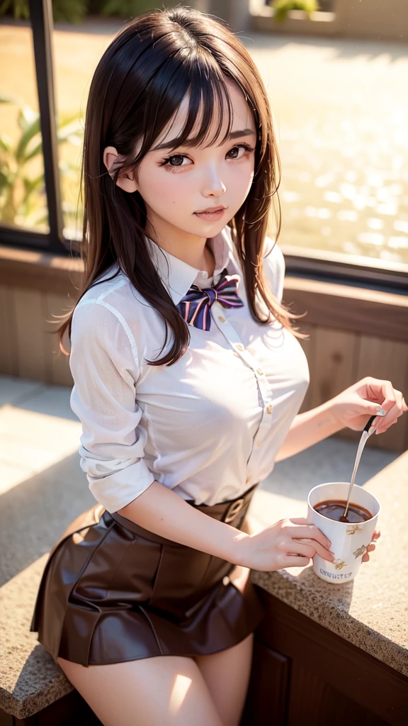 1 girl, (8k, RAW photo, best quality, masterpiece: 1.2), Wet(realistic, photo-realistic: 1.37), ultra-detailed, beautiful, solo, beautiful detailed sky, detailed coffee, night, sitting, (flushed nose), (smile: 1.1), medium breasts, beautiful detailed eyes, long brown hair, (collared shirt: 1.1), bow tie, pleated skirt, (short hair: 1.2), long hair, taking big ice cream,