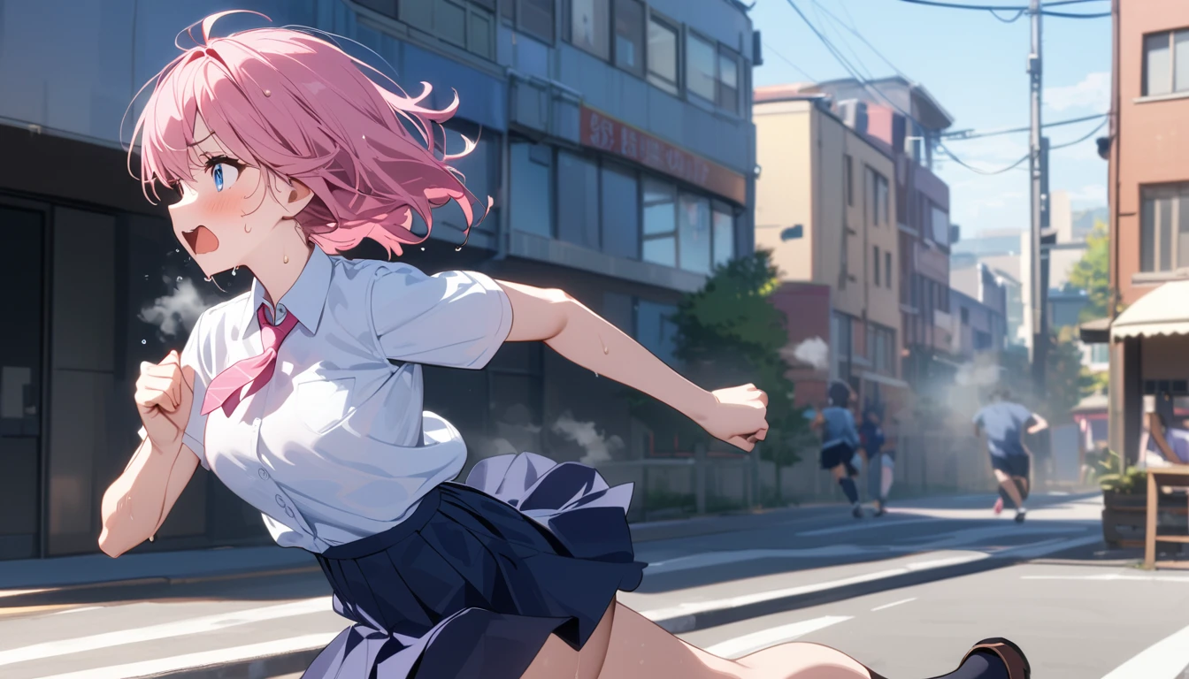 (1 girl),(Best Picture Quality, 8K, Masterpiece:1.3), (high school student:1.5), (pink lob hair), (bumpy hair), (slant skyblue eyes), ((school uniform, white short simple sleeve shirt, darkblue skirt, pink tie)), (super clear:1.5), (glistening skin:1.1),(pale skin:1.1), (looking ahead:1.3), ((from side:1.3)),(running through the beautiful scenery of the city alleys in the morning), (running:1.3),(panicking),(sweat:1.3),(steam:1.2)