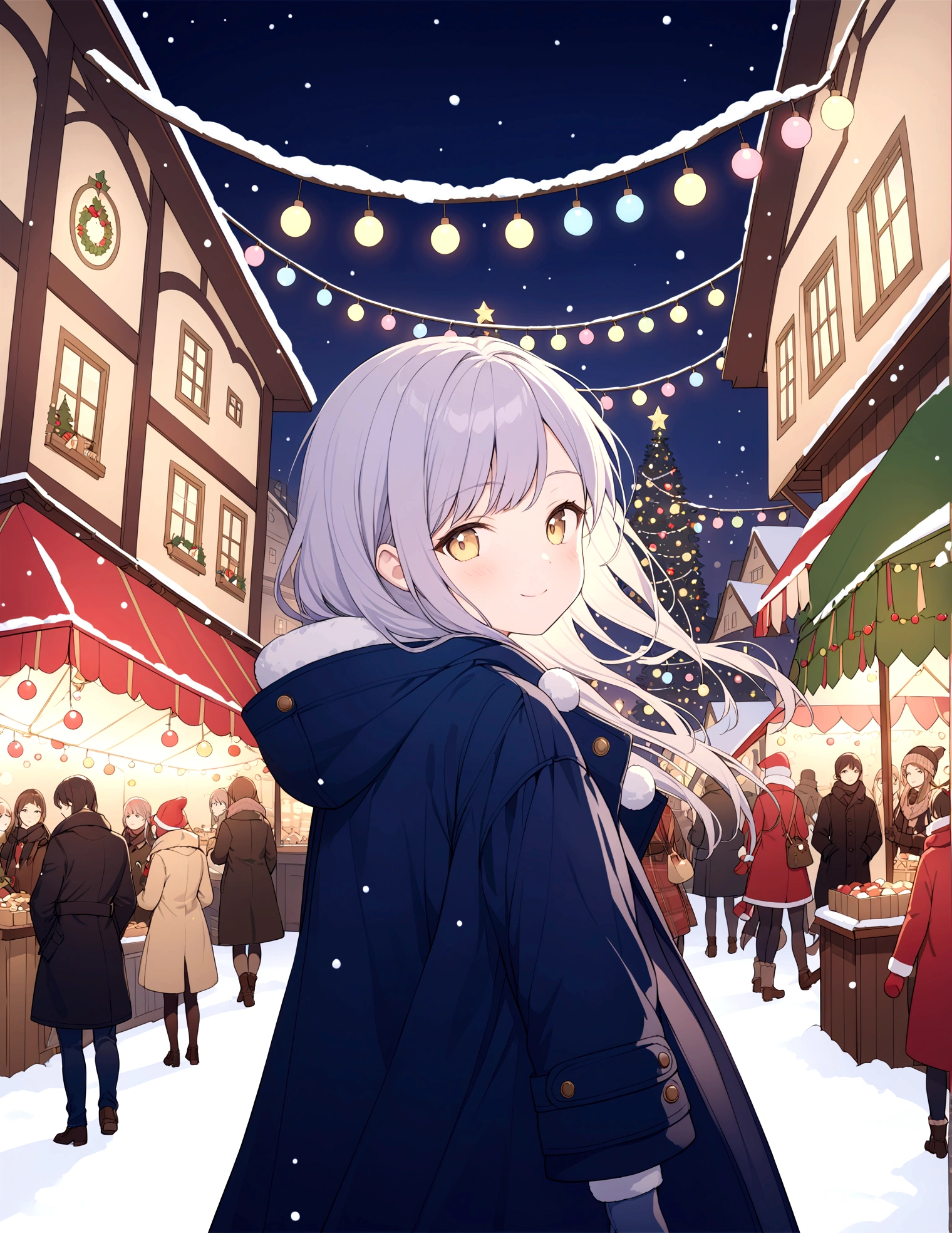 European style town, winter night, Christmas market, warm light, girl in coat, soft smile, upturned cheeks, soft moving hair, looking back, snow, ornaments, twinkling lights, gloves, mittens,