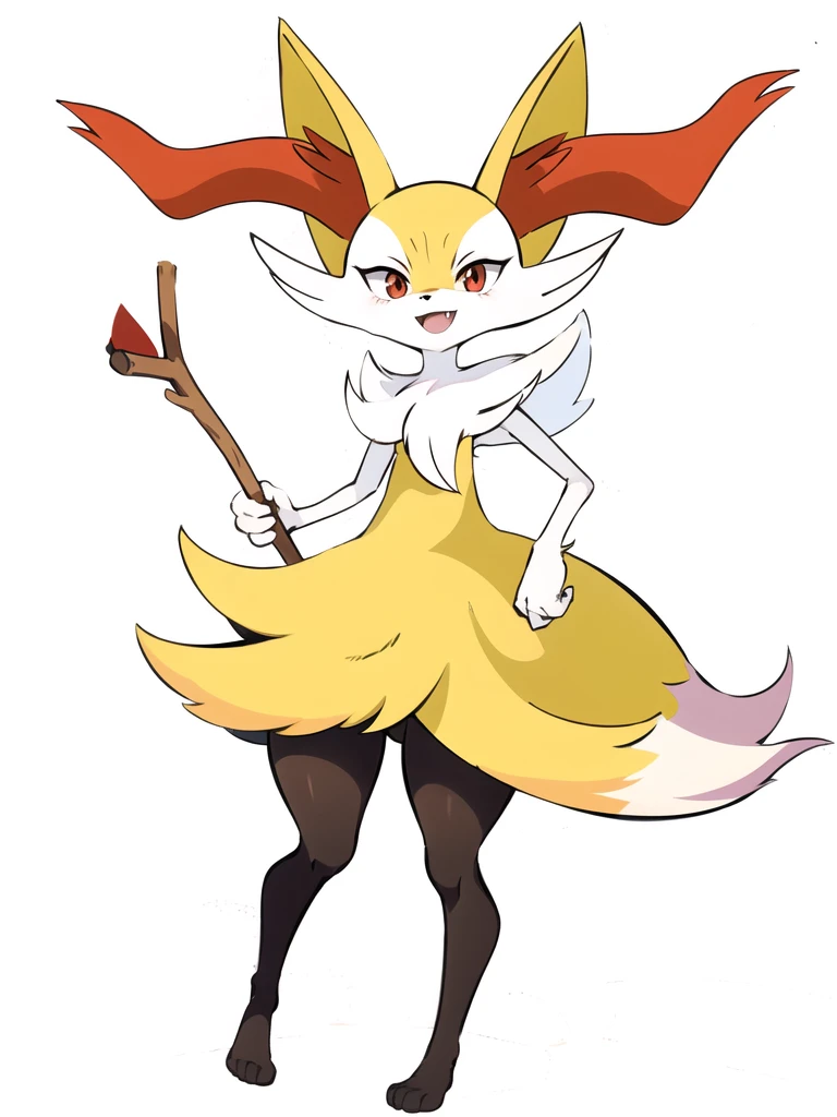 1girl, 独奏, looking at viewer, smile, open mouth, simple background, red eyes, white background, holding, animal ears, standing, tail, full body, fang, hand up, signature, flat chest, animal ear fluff, fox ears, pokemon (creature), fox tail, happy, fox girl, furry, skin fang, furry female, body fur, white fur, animal nose, snout, stick, yellow fur, black fur, holding stick, digitigrade, multicolored fur , braixen, 8K, masterpiece, beautiful,Redraw it with a beautiful anime picture、Don't change the design