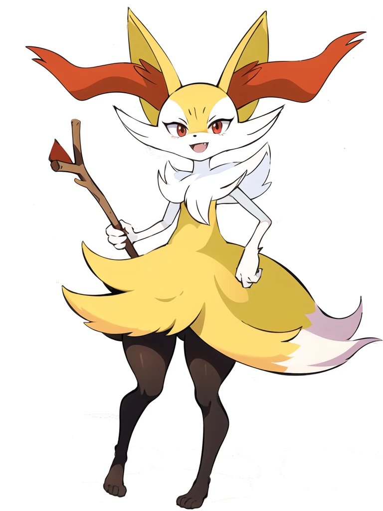 1girl, 独奏, looking at viewer, smile, open mouth, simple background, red eyes, white background, holding, animal ears, standing, tail, full body, fang, hand up, signature, flat chest, animal ear fluff, fox ears, pokemon (creature), fox tail, happy, fox girl, furry, skin fang, furry female, body fur, white fur, animal nose, snout, stick, yellow fur, black fur, holding stick, digitigrade, multicolored fur , braixen, 8K, masterpiece, beautiful,Redraw it with a beautiful anime picture、Don't change the design