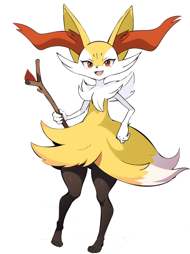 1girl, 独奏, looking at viewer, smile, open mouth, simple background, red eyes, white background, holding, animal ears, standing, tail, full body, fang, hand up, signature, flat chest, animal ear fluff, fox ears, pokemon (creature), fox tail, happy, fox girl, furry, skin fang, furry female, body fur, white fur, animal nose, snout, stick, yellow fur, black fur, holding stick, digitigrade, multicolored fur , braixen, 8K, masterpiece, beautiful,Redraw it with a beautiful anime picture、Don't change the design