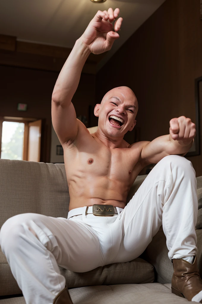 mj-kb, Majin Buu,boy, athletic body, black sclera, red pupil, pink skin, shirtless, white pants, harem pants, m on belt, boots, 
sitting, on sofa, indoors, living room, looking upwards, laughing, arm raised, hand , fist pump
extremely detailed, HDR, 