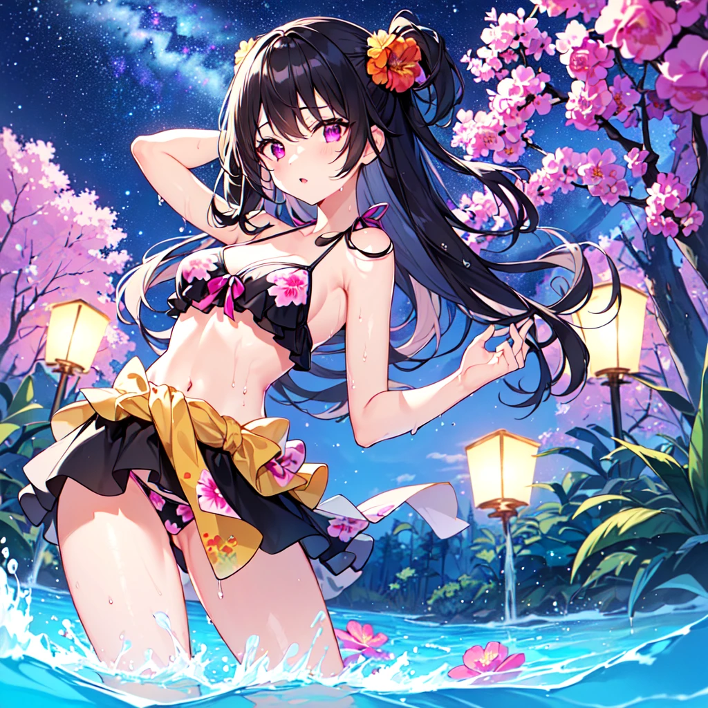 masterpiece, best quality, high quality, extremely detailed, very delicate and beautiful, (1 female 18 years old solo:1.2), (long black hair up to waist with two side up:1.4), bangs to eyebrows, eyes (eyes sharp and strong with glossy glossy eyes, eyebrows glossy, (eye color magenta:1.3), 6.5 head height, (summer flower print in bikini swimsuit:1.3), (bathing and wet), (dynamic pose), (background river and forest:1.3), (Milky Way Night Sky: 1.3)