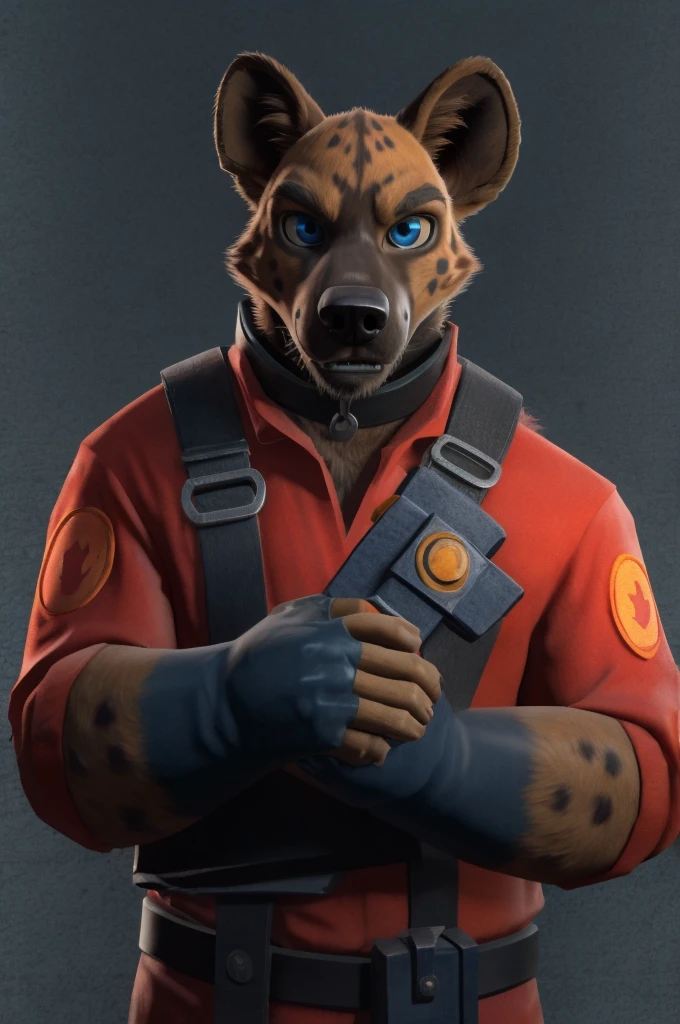 handsome, hyena, scruffy fringe, navy blue collar, blue eyes, good eyes, team fortress 2 style, dressed as pyro form team fortress 2